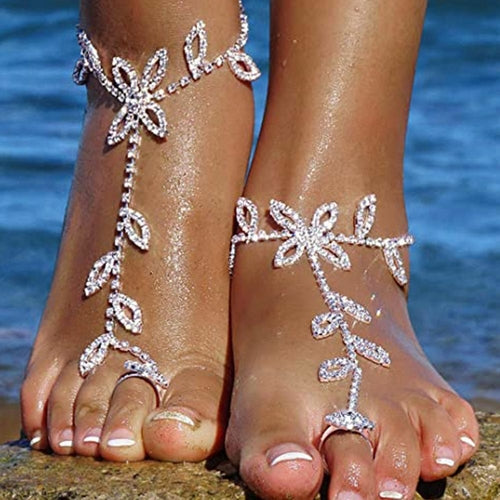 Beach “Diamond Tree Jewelry” Anklet Bracelet with Rhinestone Toe Ring